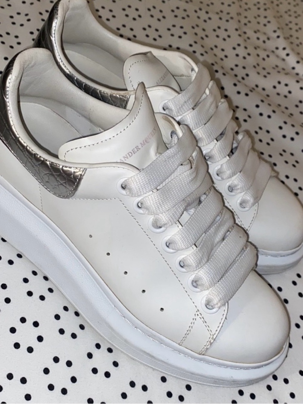 Alexander McQueen White Leather Platform Sneakers with Silver Heel